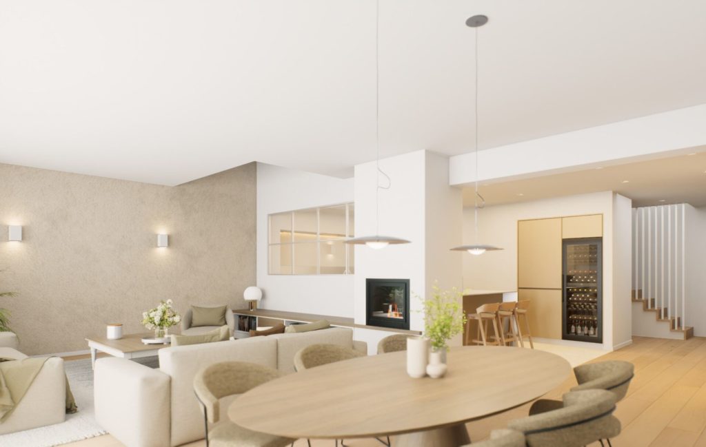 aménagements intérieurs d'un salon et d'une salle à manger avec cuisine et escalier en arrière plan